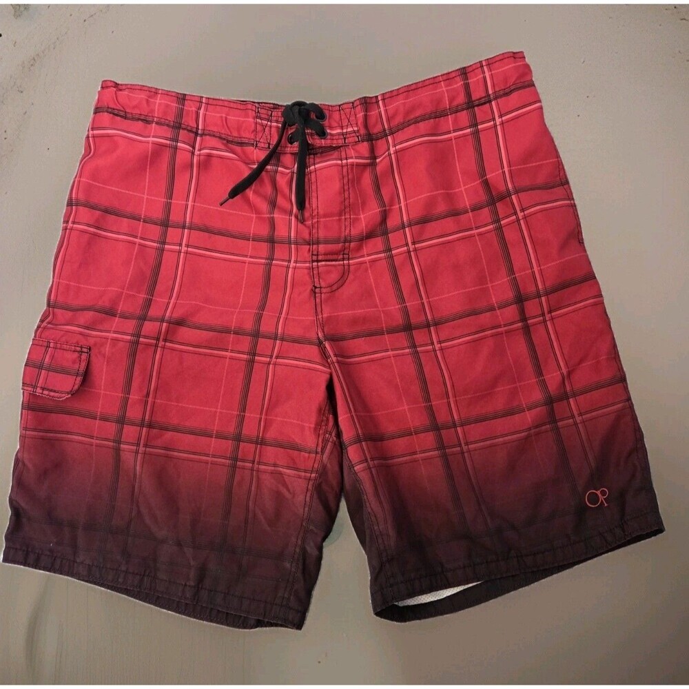Ocean Pacific Board Shorts Men's XL Red/Black Plaid 10" Inseam - 22" Outseam
